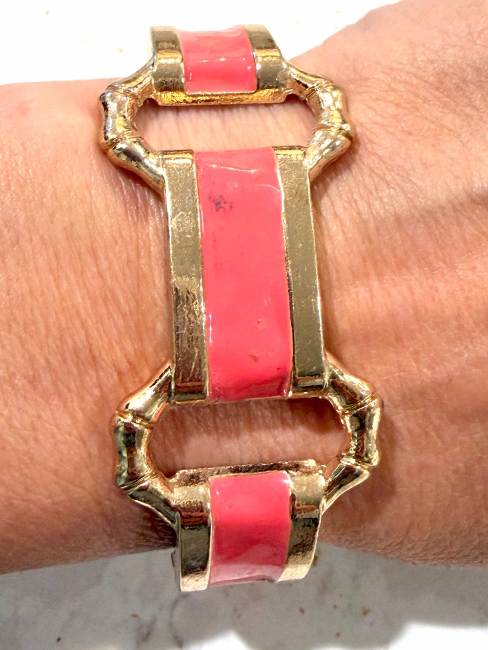 Vintage Fornash Bamboo Link Hinged Bangle Bracelet – Pink/Coral Enamel
